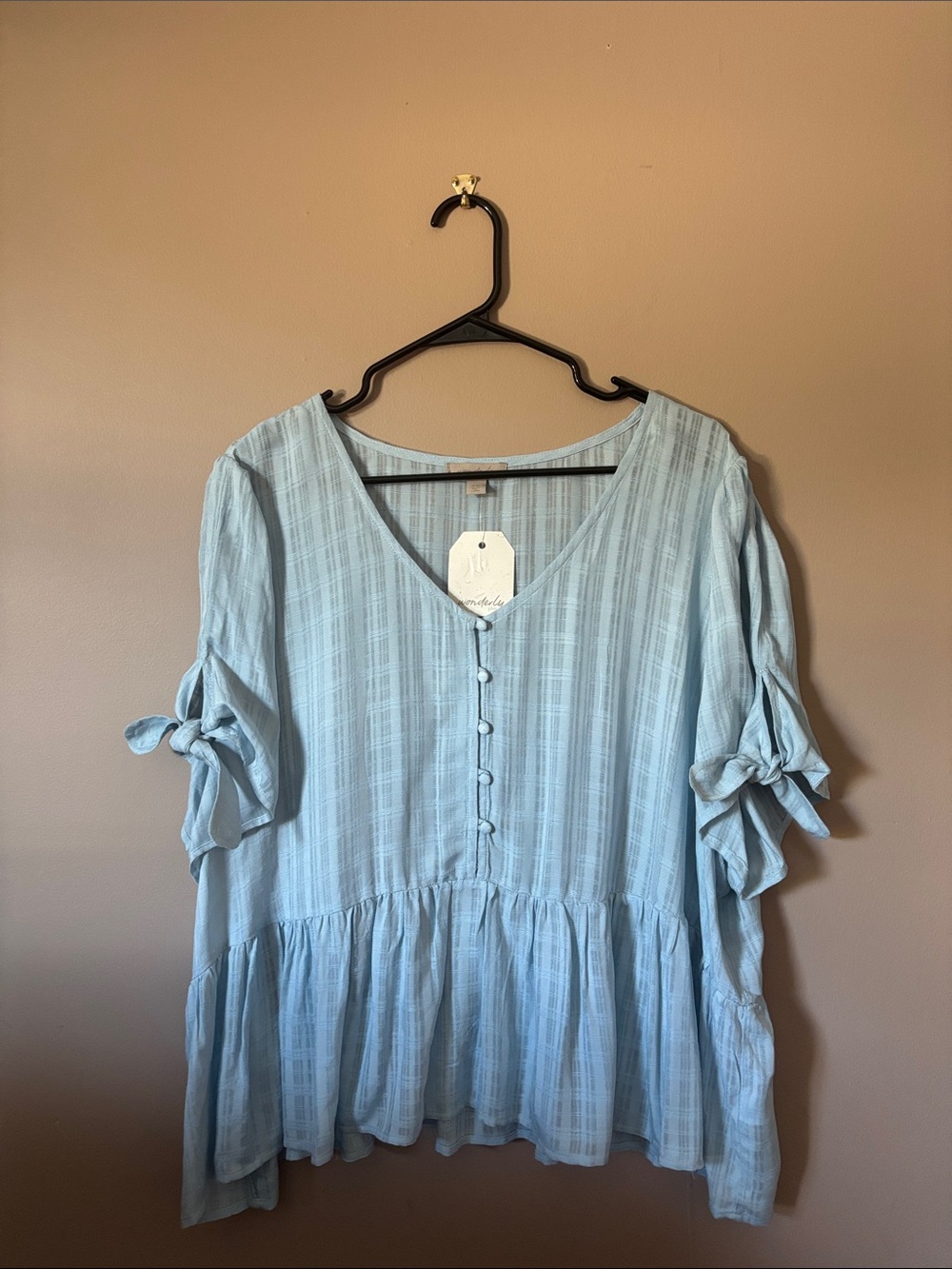 Wonderly Light Blue V-Neck Peplum Tie-Sleeve Blouse